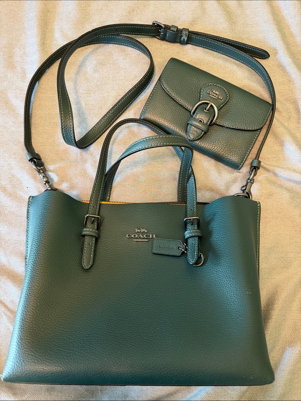 Coach Green Pebbled Leather Tote with Matching Wallet and Strap